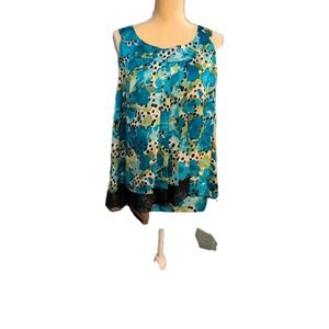 Zac & Rachel Women's Blouse Size 1X Turquoise Green Black Pattern W Black Sheer